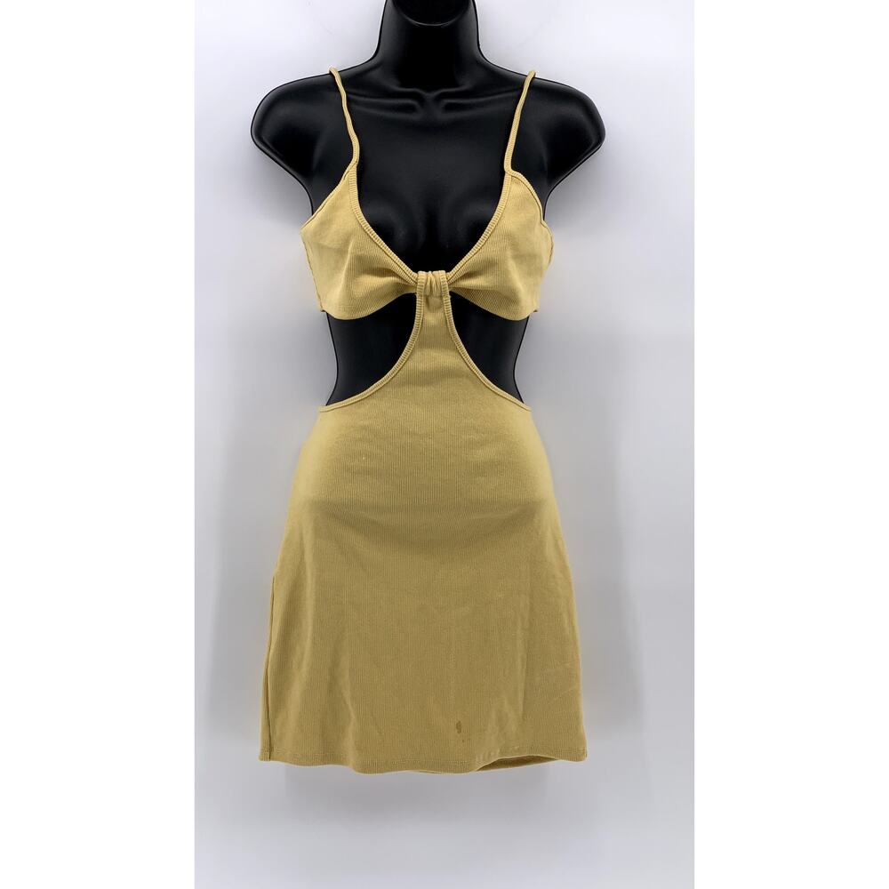 HEY BABE Women’s Yellow Ribbed V-Neck Cut-Out Spaghetti Strap Mini Dress SZ M
